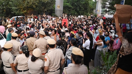 Students of Lady Shri Ram College (LSR) take part in a protest march near the college, raising concerns over women’s safety following the alleged gang rape of a 17-year-old girl at Aastha Kunj Park near Kalkaji