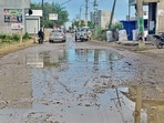 A damaged road and garbage strewn along the road in Ward 23 , Ludhiana. (Gurpreet singh/HT)