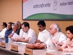 AICC president and Rajya Sabha LoP Mallikarjun Kharge, Lok Sabha LoP Rahul Gandhi, Congress chairperson Sonia Gandhi, and AICC secretaries Priyanka Gandhi Vadra, KC Venugopal, Selja Kumari, and Jairam Ramesh, and others at the Congress Working Committee (CWC) meeting at Indira Bhawan, in New Delhi on Tuesday. (AICC/ANI)