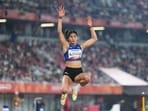 India's Shaili Singh competes in the women's long jump final at the Asian Games in Nagoya, Sunday, Sept. 27