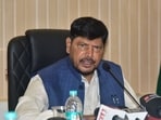 MoS for Social Justice and Empowerment Ramdas Athawale addresses a press conference, in Guwahati, Assam, Tuesday.(PTI)