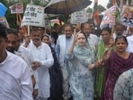 Congress party's protest outside the deputy commissioner's office demanding the resignation of Chief Election Commissioner at Panchkula on Monday. (Sant Arora /HT)
