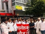 Congress workers during their protest in Agra on Monday. (HT Photo)