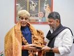 Defence minister Rajnath Singh with Karnataka chief minister DK Shivakumar in New Delhi on Monday. (ANI)