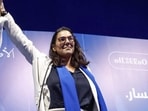 Fatima Ezzahra El Mansouri (R) attends a party rally in Tangier on September 16, 2026.
