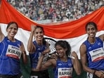 India’s Kiran Pahal (left), Prachi, Vithya Ramraj and M Poovama celebrate gold medal in women's 4 x 400m relay final at the Asian Games in Aichi-Nagoya on Tuesday. (PTI)