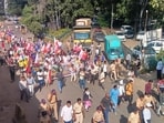 More than 500 tribal college students on Monday kicked off the ‘Tribal Gen Z Ulganun’ march from Nashik to Mumbai as protest against state tribal development minister Ashok Uike. (HT)