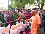 Uttar Pradesh chief minister Yogi Adityanath visited flood-hit areas of Kushinagar on Tuesday (HT Photo)