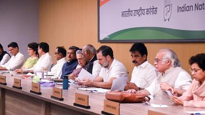 AICC president and Rajya Sabha LoP Mallikarjun Kharge, Lok Sabha LoP Rahul Gandhi, Congress chairperson Sonia Gandhi, and AICC secretaries Priyanka Gandhi Vadra, KC Venugopal, Selja Kumari, and Jairam Ramesh, and others at the Congress Working Committee (CWC) meeting at Indira Bhawan, in New Delhi on Tuesday. (AICC/ANI) AICC president and Rajya Sabha LoP Mallikarjun Kharge, Lok Sabha LoP Rahul Gandhi, Congress chairperson Sonia Gandhi, and AICC secretaries Priyanka Gandhi Vadra, KC Venugopal, Selja Kumari, and Jairam Ramesh, and others at the Congress Working Committee (CWC) meeting at Indira Bhawan, in New Delhi on Tuesday. (AICC/ANI)