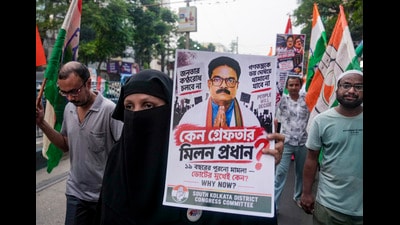Congress party workers participate in a protest rally against the arrest of Milan Pradhan in Kolkata, West Bengal on September 19. (PTI)