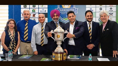 From left: CGC governing council member Shona Singh, captain Alamgir Grewal, CGL chairman Dr Atul Sachdev, club president Major RS Virk (retd), GB Realty sports initiative CEO Amit Sood, CGC secretary Amarbir Singh Lehal and CGL tournament director Brandon de Souza at the launch event on Tuesday. (Keshav Singh/HT)