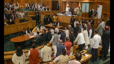 Jammu and Kashmir assembly Speaker Abdul Rahim Rather conducts the proceedings during the ongoing Autumn Session of the assembly, in Srinagar on Tuesday. (ANI) Jammu and Kashmir assembly Speaker Abdul Rahim Rather conducts the proceedings during the ongoing Autumn Session of the assembly, in Srinagar on Tuesday. (ANI)