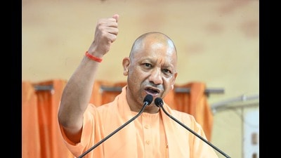 Uttar Pradesh chief minister Yogi Adityanath speaking at the Gorakhnath Temple on Tuesday (HT Photo)
