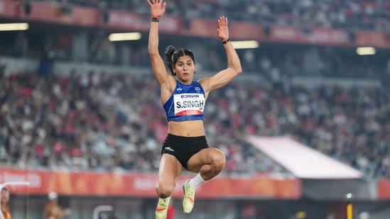 India's Shaili Singh competes in the women's long jump final at the Asian Games in Nagoya, Sunday, Sept. 27