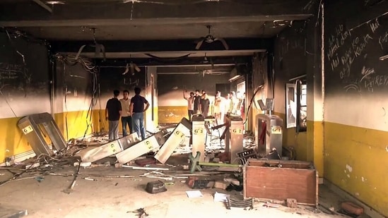 A view of a vandalised room by students during a protest at Lovely Professional University (LPU), in Jalandhar on Sunday. (ANI Video Grab) (HT_PRINT)
