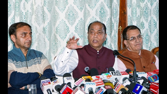 Leader of Opposition and former Himachal Pradesh CM Jairam Thakur addresses a press conference in Shimla on Tuesday. (ANI)