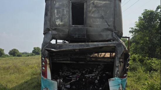 Nine passengers died after the Bihar-registered sleeper bus caught fire near Jewar. Police are weighing goods and examining whether extra load caused the blaze. (HT)
