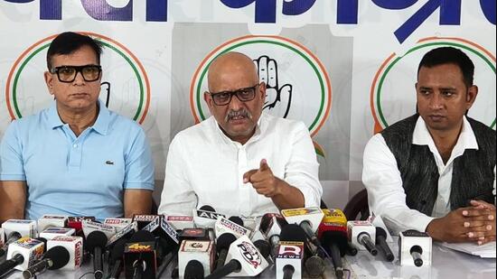 UP Congress president Ajay Rai and others during the press conference on Tuesday. (Sourced)
