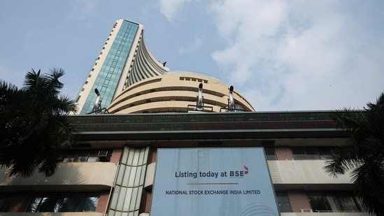 A screen displays a message of the National Stock Exchange (NSE) listing ceremony at the Bombay Stock Exchange (BSE) in Mumbai on September 24 (REUTERS)