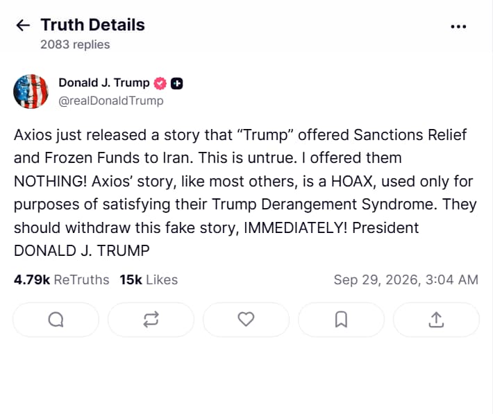 Trump denies considering sanctions relief for Iran as talks stall (Truth Social/Screengrab)