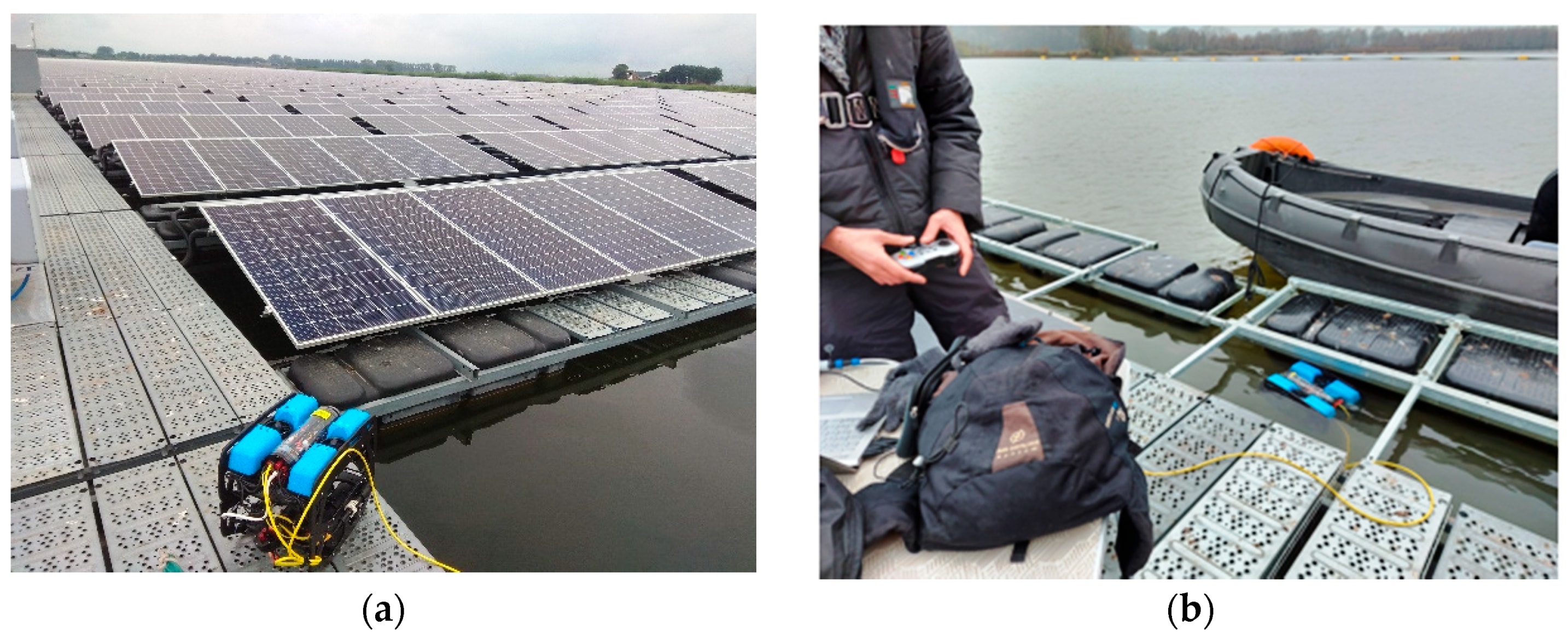Measurements with the underwater drone/ROV: (a) Impression of the underwater drone equipped with various sensors near the solar panels; (b) operation of the underwater drone from the floating platform to collect depth profiles and inspect the floater blocks. (Pedroso de Lima et al. / Sustainability / MDPI, CC BY 4.0) Measurements with the underwater drone/ROV: (a) Impression of the underwater drone equipped with various sensors near the solar panels; (b) operation of the underwater drone from the floating platform to collect depth profiles and inspect the floater blocks. (Pedroso de Lima et al. / Sustainability / MDPI, CC BY 4.0)