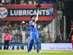Shubman Gill after reaching his double century against West Indies in the second ODI. Shubman Gill after reaching his double century against West Indies in the second ODI.
