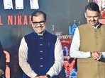 Actor Rajkummar Rao, Ujjwal Nikam and Maharashtra chief minister Devendra Fadnavis during the trailer launch of ‘Prahaar: The Untold Story of Ujjwal Nikam’ at CSMT in Mumbai on Tuesday. (Anshuman Poyrekar/HT Photo)