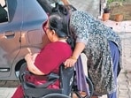 An elderly citizen being taken out of the facility. (HT Photo)