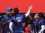Asian Games - Aichi-Nagoya 2026 - Archery - Compound Women's Team - Semifinals - South Korea v India - Okazaki Central Park Multipurpose Square, Okazaki, Japan - September 30, 2026 India's Chikitha Taniparthi, Prithika Pradeep and Jyothi Surekha Vennam react REUTERS/Anushree Fadnavis (REUTERS)