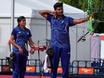 India's Sahil Rajesh Jadhav, right, and Chikitha Taniparthi compete in the compound mixed team final in archery between India and South Korea