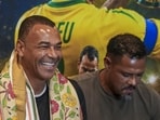 Brazilian former footballer Cafu, left, with Brazilian former striker Jose Ramirez Barreto during an interactive session at the BNCCI, in Kolkata. (PTI)
