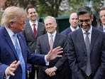 Google CEO Sundar Pichai reacts as US President Donald Trump speaks at the White House driveway following a luncheon in the East Room, in Washington, D.C. 