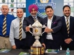 From left: CGC governing council member Shona Singh, captain Alamgir Grewal, CGL chairman Dr Atul Sachdev, club president Major RS Virk (retd), GB Realty sports initiative CEO Amit Sood, CGC secretary Amarbir Singh Lehal and CGL tournament director Brandon de Souza at the launch event on Tuesday. (Keshav Singh/HT)