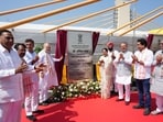 Home minister Amit Shah, chief minister Rekha Gupta, public works department minister Parvesh Verma, minister of state for road transport and highways Harsh Malhotra, and other cabinet ministers were present at the event. (HT Photo)