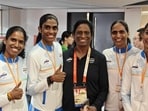 IOA president PT Usha poses with the 4x400m gold medal winning quartet in Nagoya. (@PT Usha)