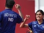 India's Sahil Jadhav and Chikitha Taniparthi celebrate after the compound mixed team archery gold medal match. (PTI)
