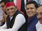 Lucknow: Samajwadi Party (SP) President Akhilesh Yadav flanked by party candidates Professor Ram Gopal Yadav, second left, and Dhanraj Parimal Nathwani, second right, who filed their nomination papers for the upcoming Rajya Sabha elections from Uttar Pradesh, in Lucknow, Wednesday (PTI)