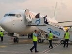  Israeli tourists leave a FlyDubai plane which departed from Ben-Gurion International Airport in Tel Aviv and landed in Dubai, United Arab Emirates.