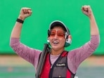 India's Neeru Dhanda celebrates after winning the gold medal in the women's trap shooting individual event during the ongoing 20th Asian Games, in Nagoya, Japan