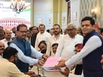 Samajwadi Party candidate Dhanraj Parimal Nathwani files nomination papers for the Rajya Sabha elections in Lucknow on Wednesday. (Deepak Gupta/HT Photo)