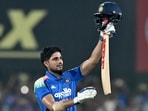 India captain Shubman Gill celebrates after scoring a double century in Guwahati on Wednesday. India captain Shubman Gill celebrates after scoring a double century in Guwahati on Wednesday.