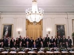 US President Donald Trump speaks during a meeting with technology executives about artificial intelligence, in the East Room of the White House in Washington, DC