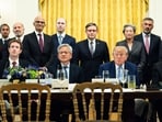 Trump with the top AI and tech bosses during a meeting in the White House regarding artificial intelligence and the president's AI force.