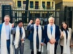 The five-member delegation, led by US House foreign affairs committee chairman Brian Mast, with the Dalai Lama in Dharamshala on Wednesday. The delegation included representatives James Gallagher, Jimmy Patronis, Shri Thanedar, and Haley Stevens. (HT Photo)
