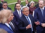 President Donald Trump, House Speaker Mike Johnson of La., and Open AI president Greg Brockman listen as NVIDIA CEO Jensen Huang speaks to reporters at the White House in Washington after meeting with top executives of AI firms. 
