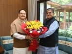UT administrator Gulab Chand Kataria with Union health and family welfare minister JP Nadda in New Delhi on Tuesday. (HT Photo)