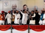 Union home minister Amit Shah and Punjab BJP chief Kewal Singh Dhillon along with party leaders at the rally in Jalandhar on Wednesday. (HT Photo)