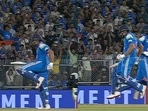 Rohit Sharma doing the high-knee celebration after his century. Rohit Sharma doing the high-knee celebration after his century.