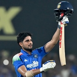 India captain Shubman Gill celebrates after scoring a double century in Guwahati on Wednesday.