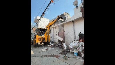 A property being demolished in Khanna on Wednesday. (HT)